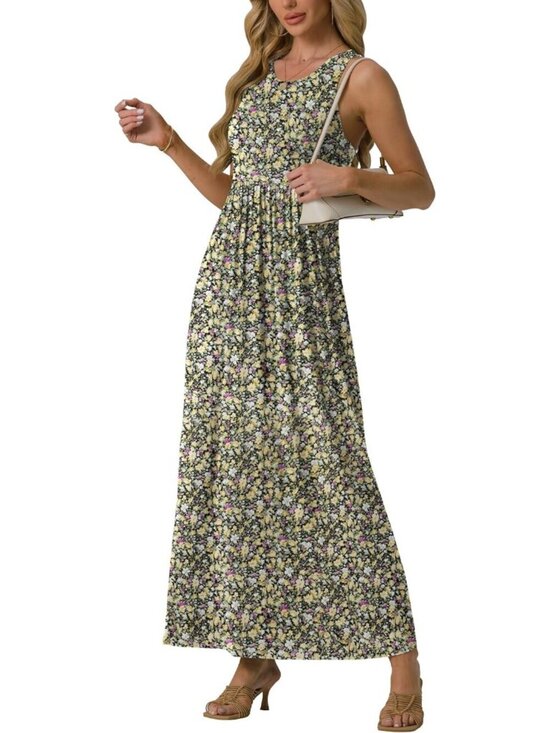 Dresses & Skirts - Women's Floral Black Yellow Sleeveles Casual Long Tank  with Pockets Maxi Dress
